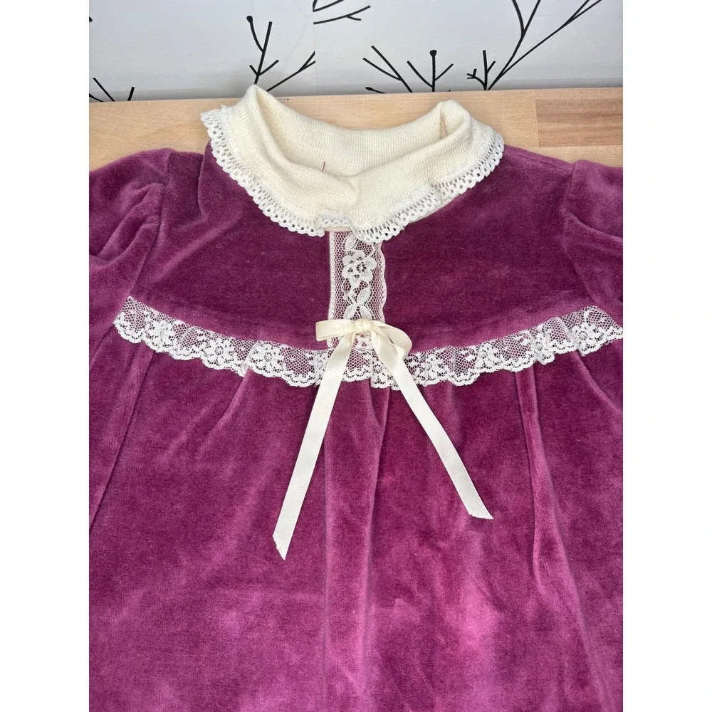 Vintage Health-tex Toddler Girls Plum Purple Velour Lace Trim Dress 3T USA Made